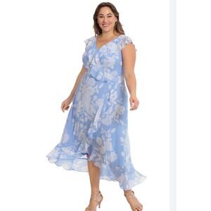 London Times Women's Chiffon Faux-Wrap Ruffle Blue White Floral Maxi Dress 16